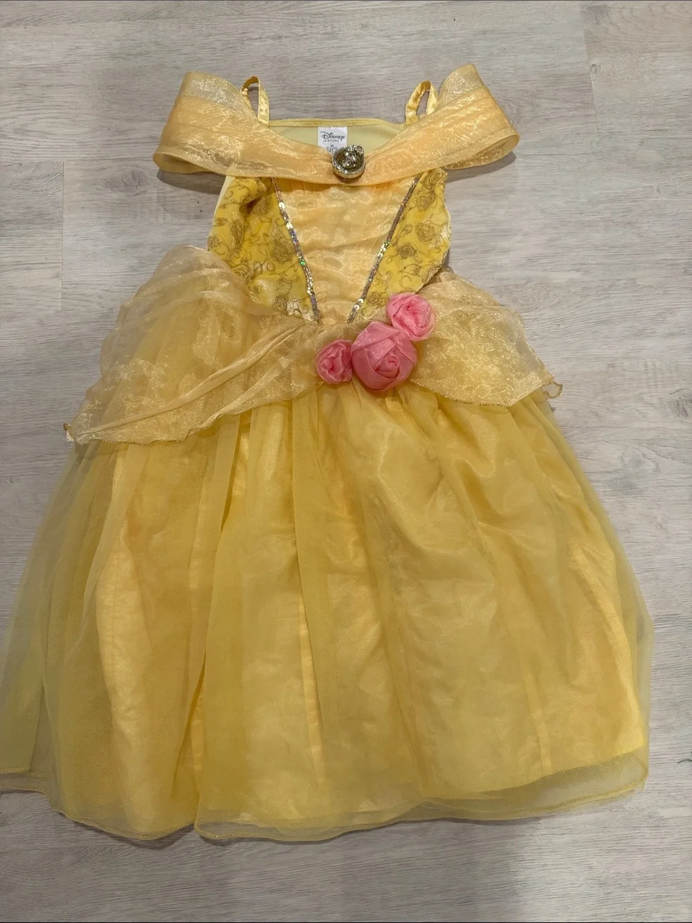 Disney Yellow Belle-Inspired Princess Dress with Pink Rose Accents